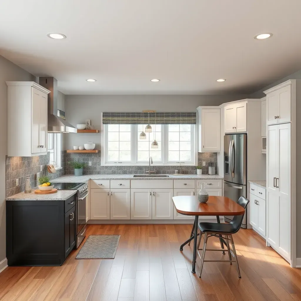 Modern Myersville kitchen with dark wood cabinets, light granite countertops, stainless steel appliances, and a bright, airy layout.