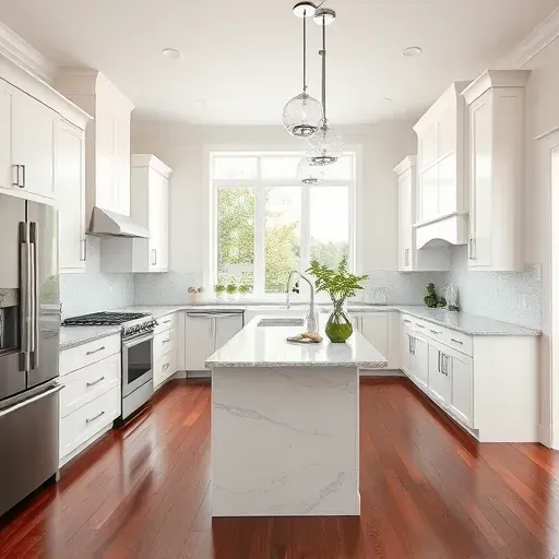 Modern kitchen remodel in New Market MD featuring sleek appliances, custom white cabinetry, and polished granite island.
