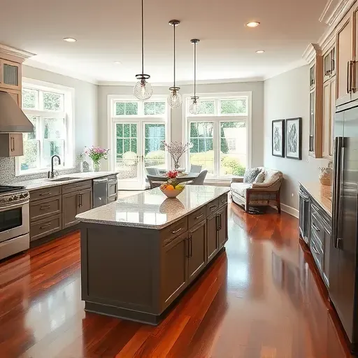 Stunning modern kitchen remodel in Myersville MD with granite countertops, stainless steel appliances, and hardwood flooring.