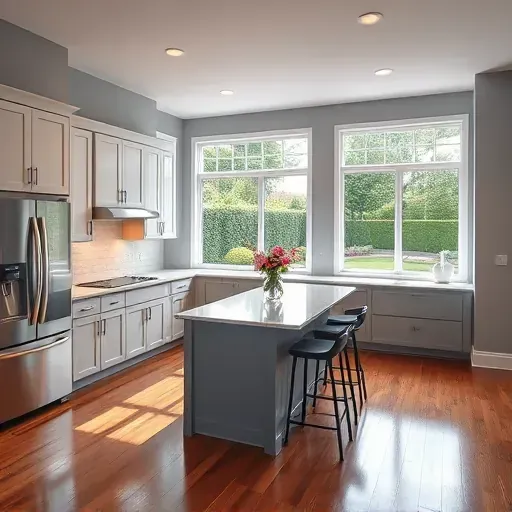 Modern kitchen remodel in New Market, MD with sleek cabinetry, quartz island, stainless steel appliances, and vibrant decor.