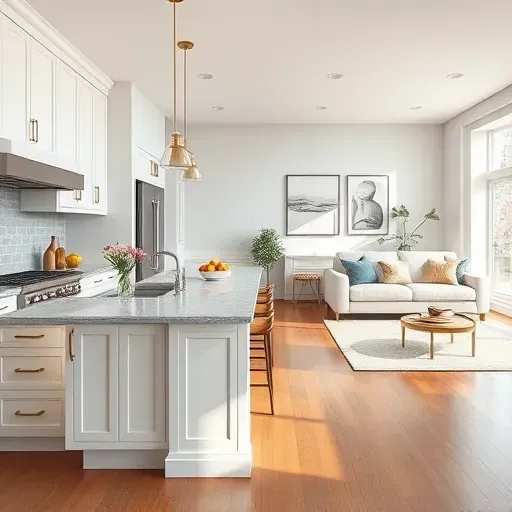 Modern kitchen remodel in Fallston MD with elegant white cabinetry, granite island, and stainless steel appliances.