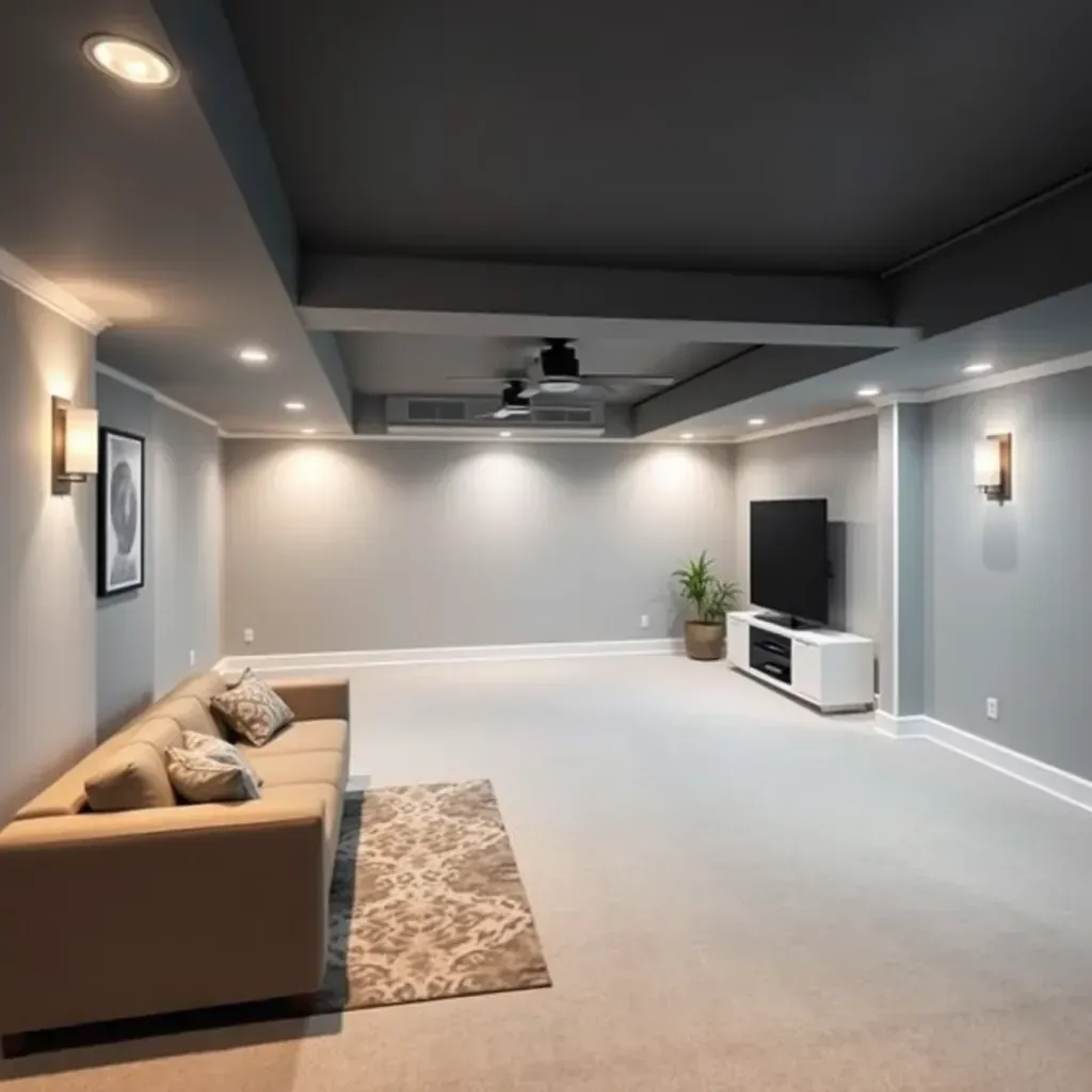 Spacious Pasadena basement with modern decor, cozy seating, bar area, game zone, and organized storage.
