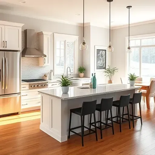 Modern kitchen remodel in Dunkirk MD with stainless steel appliances, granite countertops, and elegant custom cabinetry.