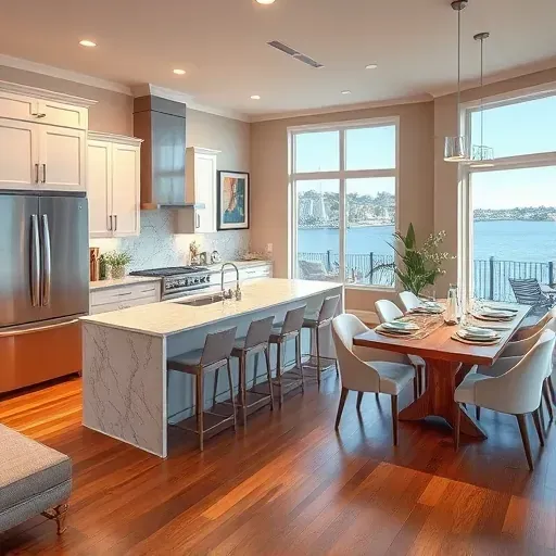 Modern Annapolis kitchen featuring sleek appliances, marble countertops, hardwood floors, and waterfront views.