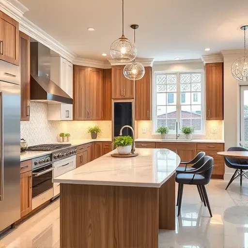 Modern kitchen remodel in Gaithersburg MD with sleek appliances, glossy cabinets, marble counters, and stylish lighting.