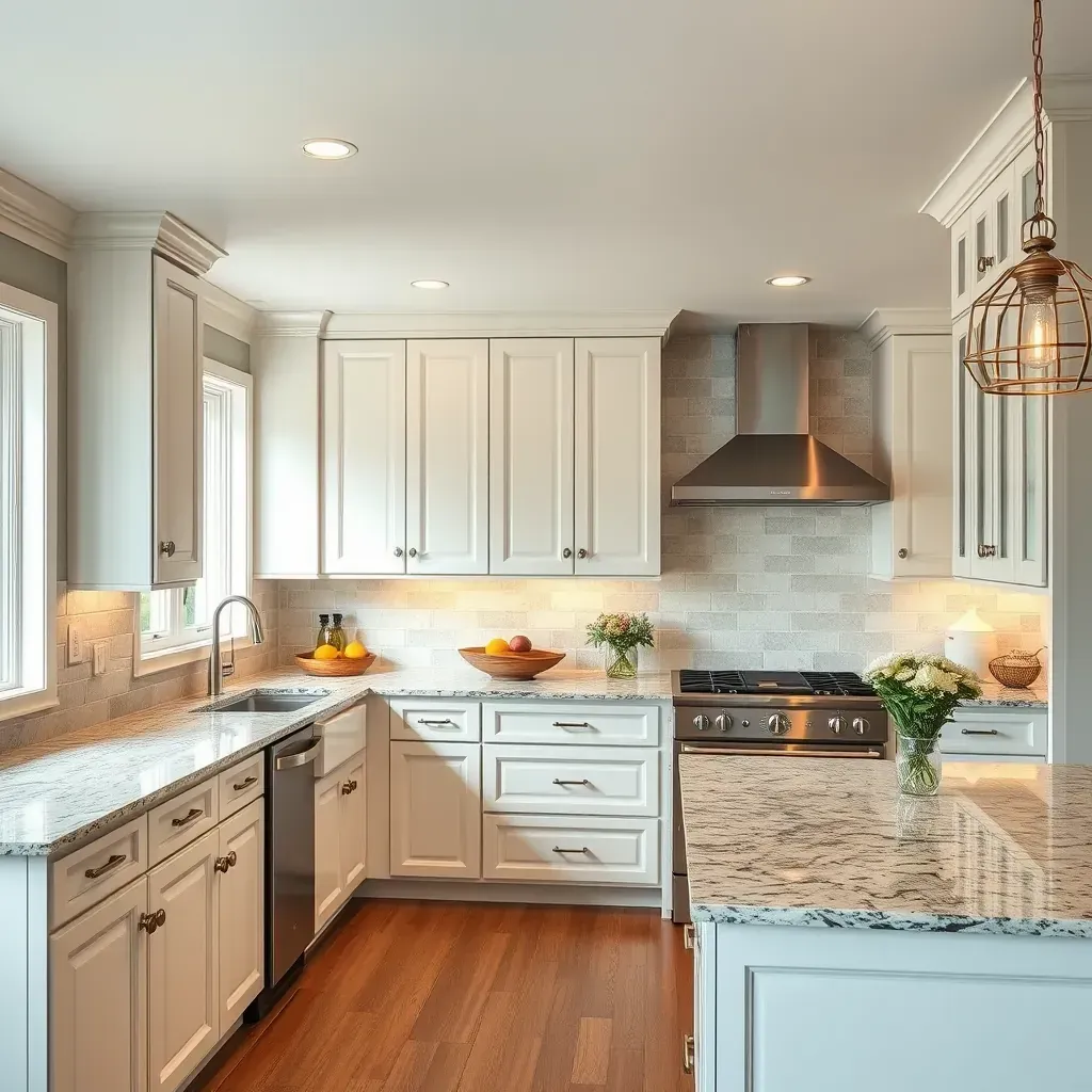 Remodeled West Friendship, MD kitchen featuring white shaker cabinets, dark granite island, stainless appliances, and hardwood floors.