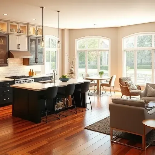 Modern kitchen remodel in Middletown MD features sleek appliances, elegant cabinetry, and a stylish island with bar stools.