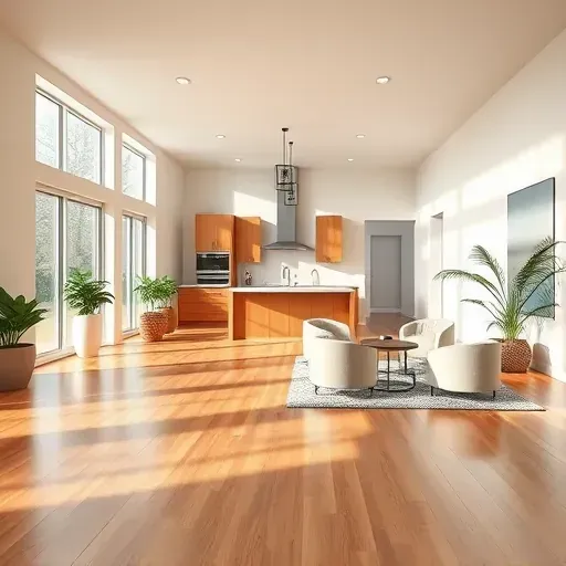 Renovated living space in Ijamsville MD with open floor plan, modern kitchen, hardwood flooring, and stylish decor.