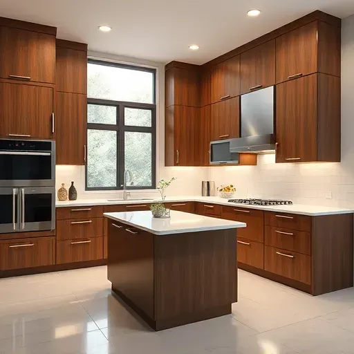 Contemporary Pasadena kitchen with polished wood custom cabinets, sleek appliances, ambient lighting, and minimalist decor