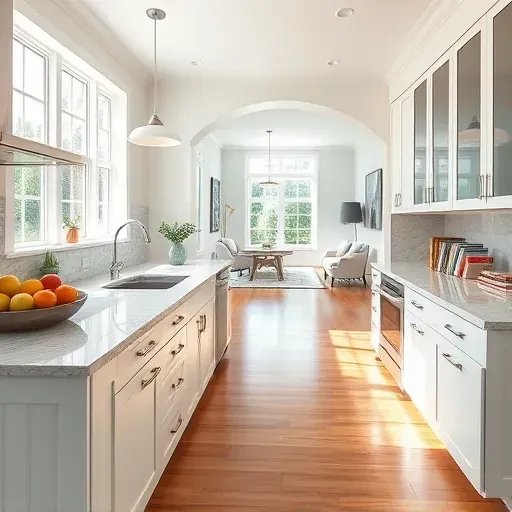 Modern kitchen remodel in Myersville MD with stainless steel appliances, marble countertops, and sunny hardwood floors.
