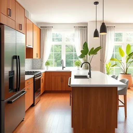 Remodeled Millersville MD kitchen with quartz counters black fixtures stainless steel appliances hardwood floors and garden view