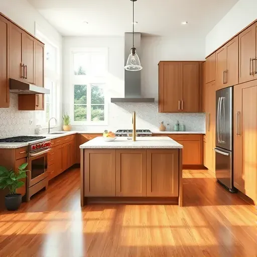 Remodeled Dunkirk MD kitchen with modern appliances, granite countertops, custom cabinets, hardwood floors, and natural light