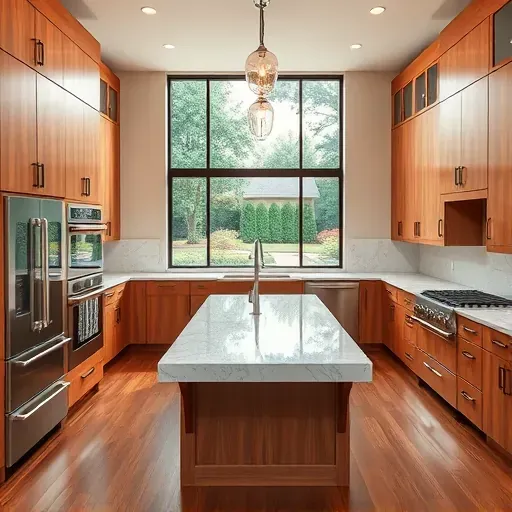 Completed modern kitchen in Accokeek MD with wood cabinetry stainless steel appliances marble island and lush backyard views