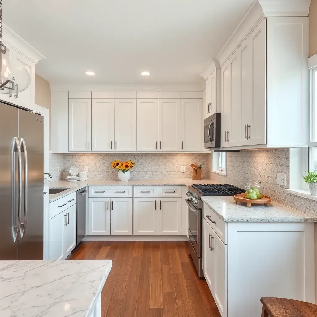 Modern Severna Park kitchen with white cabinets, stainless steel appliances, quartz countertops, mosaic backsplash, and pendant lighting.