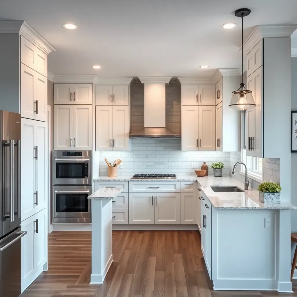 Elegant Annapolis kitchen with gray cabinets, quartz counters, stainless appliances, hardwood floors, and harbor views.
