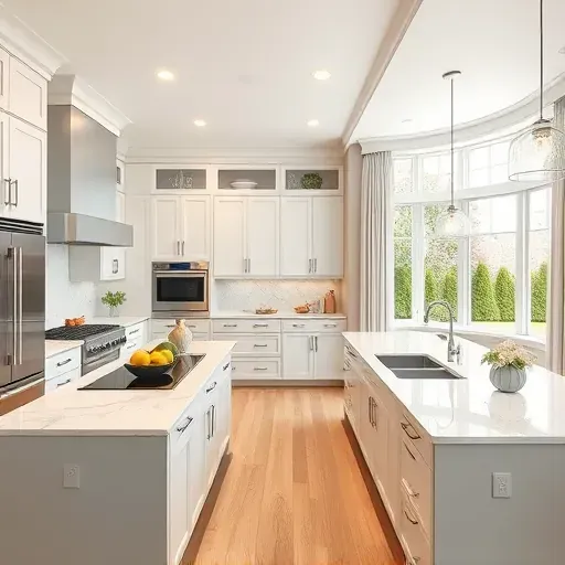 Elegant modern kitchen remodel in Bethesda MD featuring polished marble countertops, custom cabinetry, and stainless steel accents.