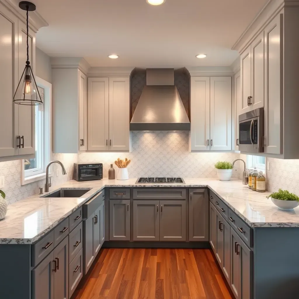 Modern kitchen in New Market, MD with granite countertops, custom wood cabinets, hardwood flooring, stainless steel appliances, and a stylish island.