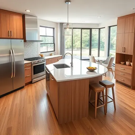 Remodeled Gibson Island kitchen with quartz countertops stainless-steel appliances custom wood cabinets hardwood floors large windows and scenic outdoor view