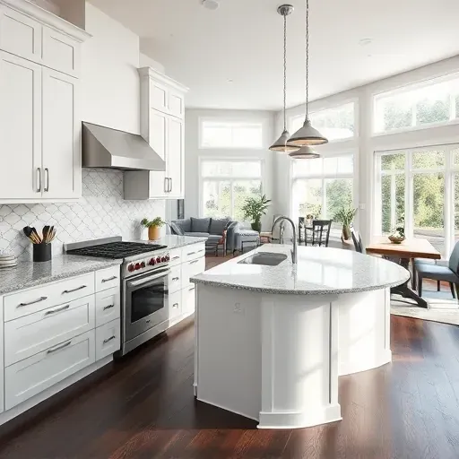 Modern Millersville kitchen with white cabinetry, granite island, stainless appliances, subway tile backsplash, dark hardwood floors