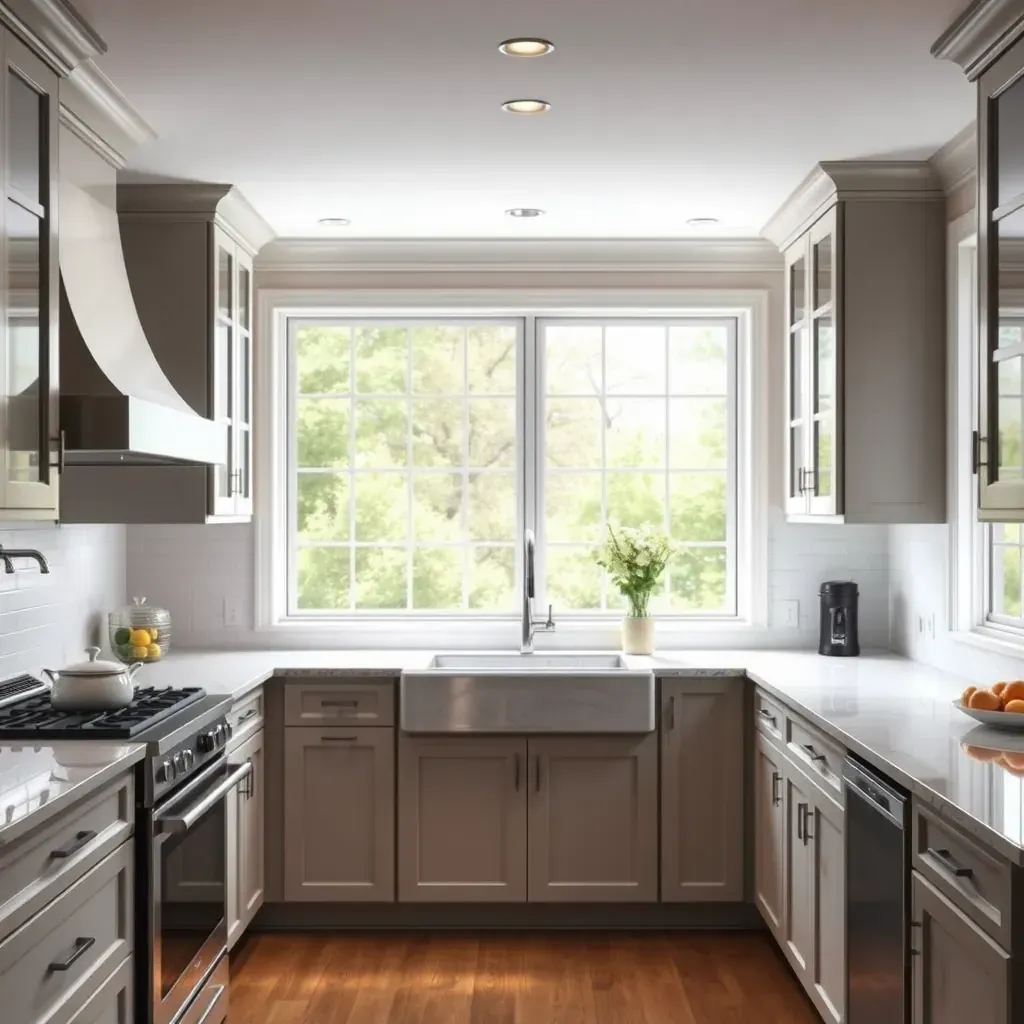 Modern Annapolis kitchen with neutral cabinets, granite counters, stainless appliances, waterfront views, and coastal decor.