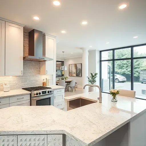 Modern kitchen in Pasadena MD with recessed LED lighting, granite countertops, stainless steel appliances, and open-concept design