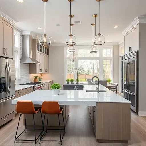 Modern kitchen remodel in Marriottsville MD featuring sleek cabinetry, quartz countertops, and stainless steel appliances.