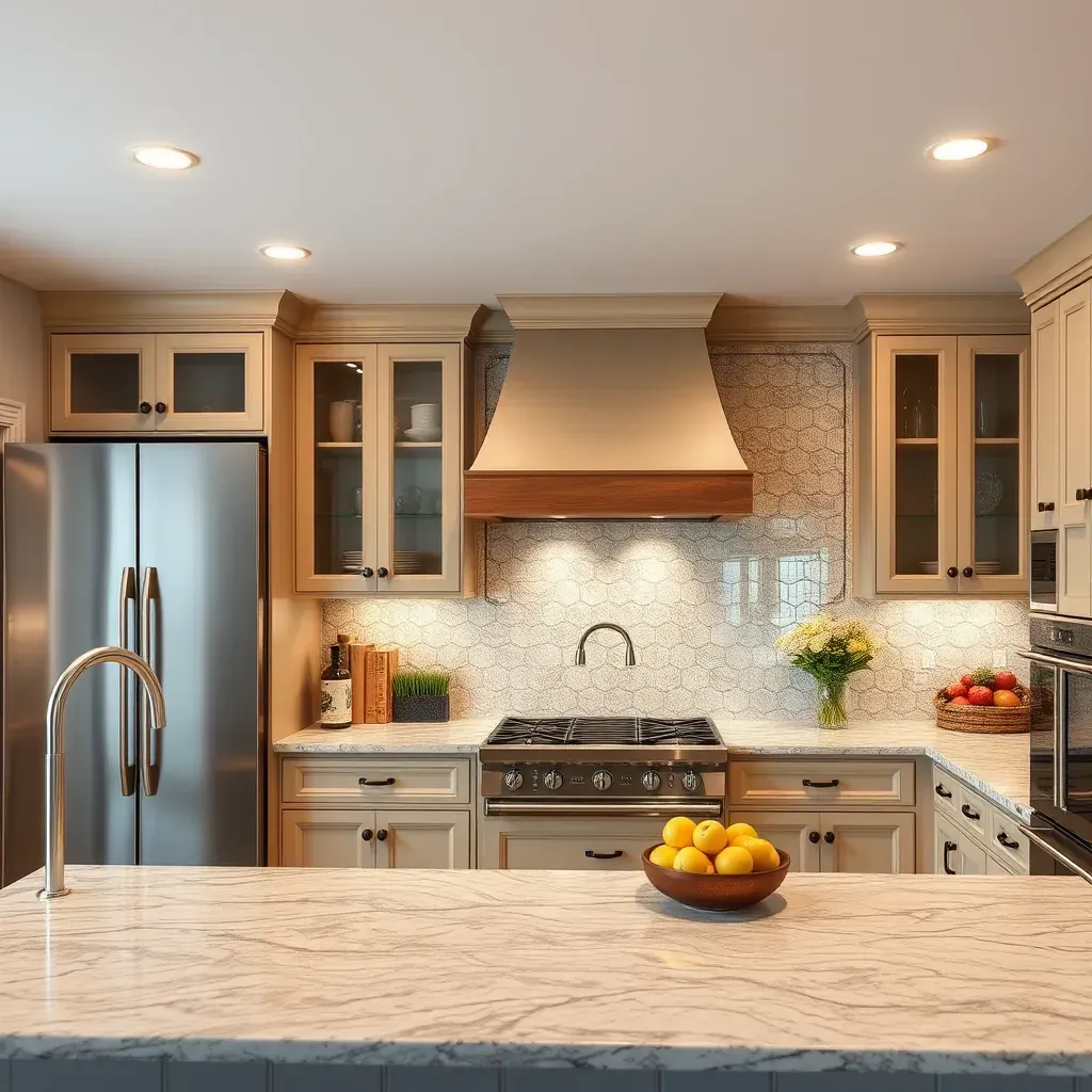 Modern kitchen in Ijamsville, MD with wood cabinets, quartz countertops, stainless steel appliances, and a marble-topped island.