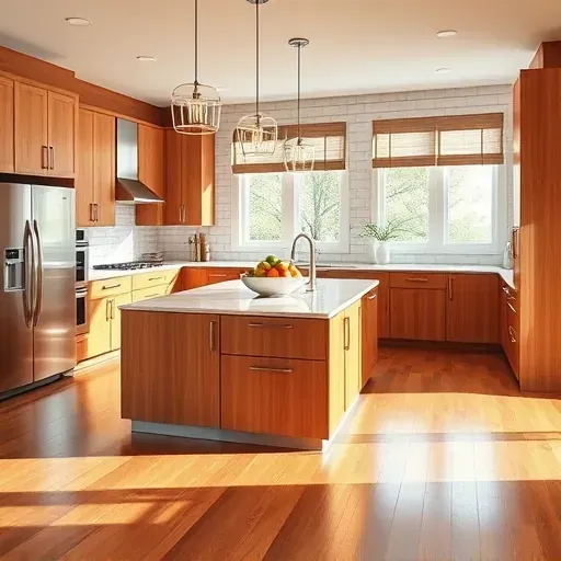 Modern Mount Airy kitchen with wood cabinetry quartz island stainless steel appliances pendant lights hardwood floors and neutral backsplash