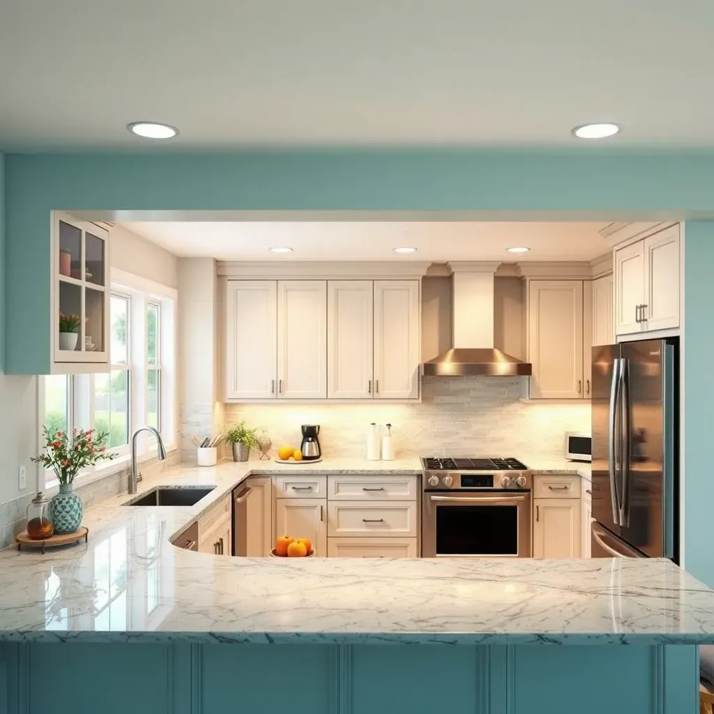 Spacious modern kitchen in New Market, MD featuring white cabinets, marble island, stainless appliances, hardwood floors, and natural light.