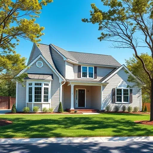 Freshly completed beige vinyl siding on a modern Pasadena MD home with green lawn and blue sky.