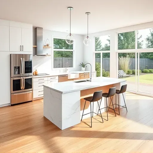 Freshly renovated kitchen in Accokeek MD with marble countertops, wood island, and stainless appliances in a bright space.