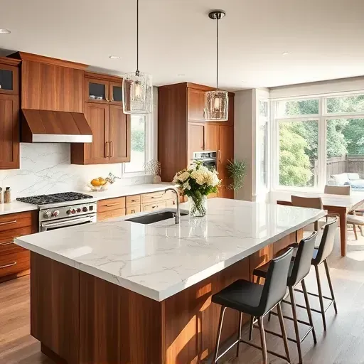 Modern kitchen remodel in Dayton MD showcasing walnut cabinetry, marble countertops, stainless steel appliances, and bright dining area.