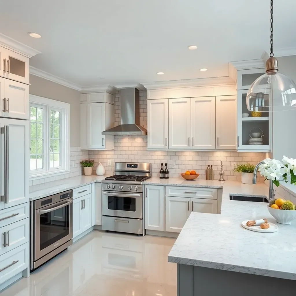 Beautiful modern kitchen remodel in White Marsh, MD with sleek cabinets, marble countertops, and stylish lighting.