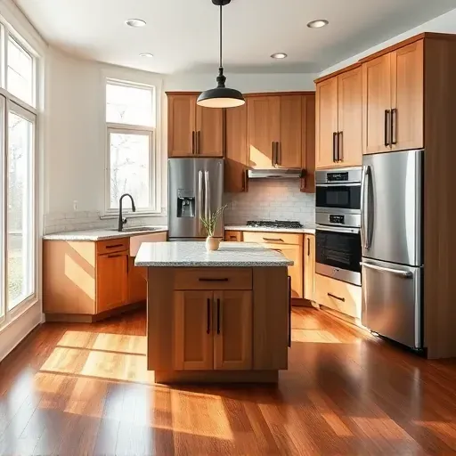 Renovated West Friendship MD modern kitchen with wood cabinets black hardware granite countertops stainless steel appliances hardwood floor