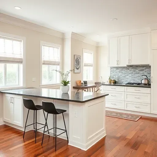 Modern kitchen remodel in Rockville MD with white cabinetry, dark granite counters, and bright natural light.