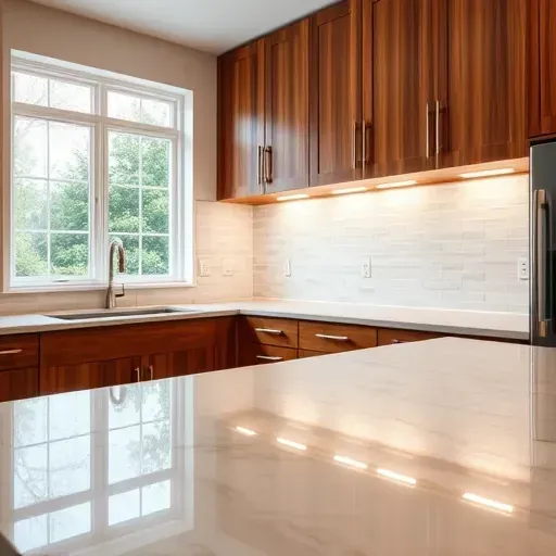 Modern kitchen in Pasadena with LED under-cabinet lighting, polished quartz countertops, wooden cabinets, and elegant backsplash