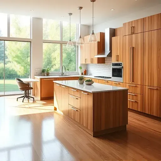 Remodeled Port Republic MD kitchen with modern wood cabinetry polished granite counters stainless steel appliances and hardwood floors