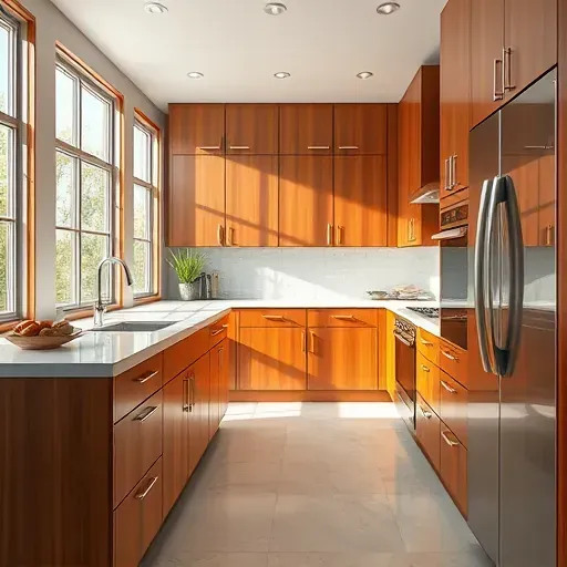 Modern kitchen with warm polished wood custom cabinets quartz countertops stainless steel appliances natural lighting and stylish backsplash