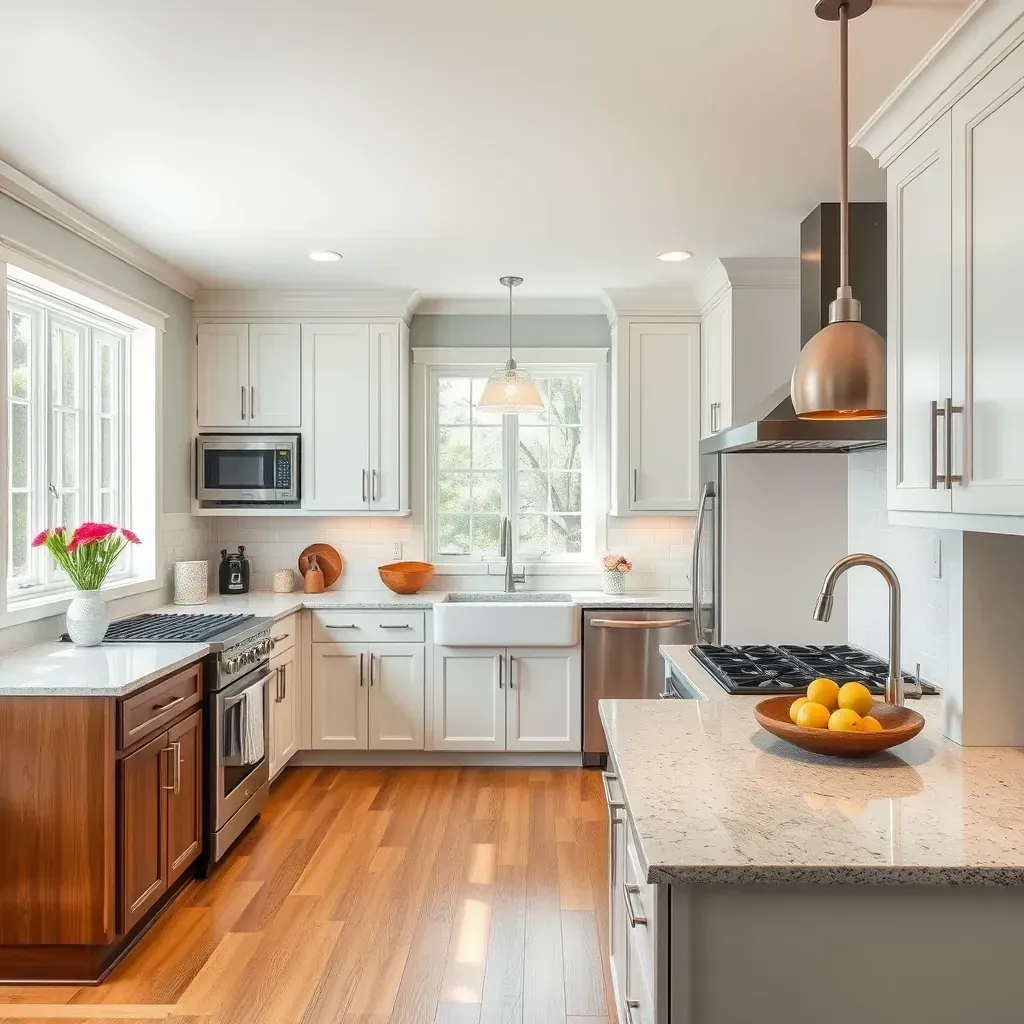 Modern kitchen in New Market, MD featuring gray cabinetry, marble countertops, stainless appliances, island, pendant lights, and hardwood floors.