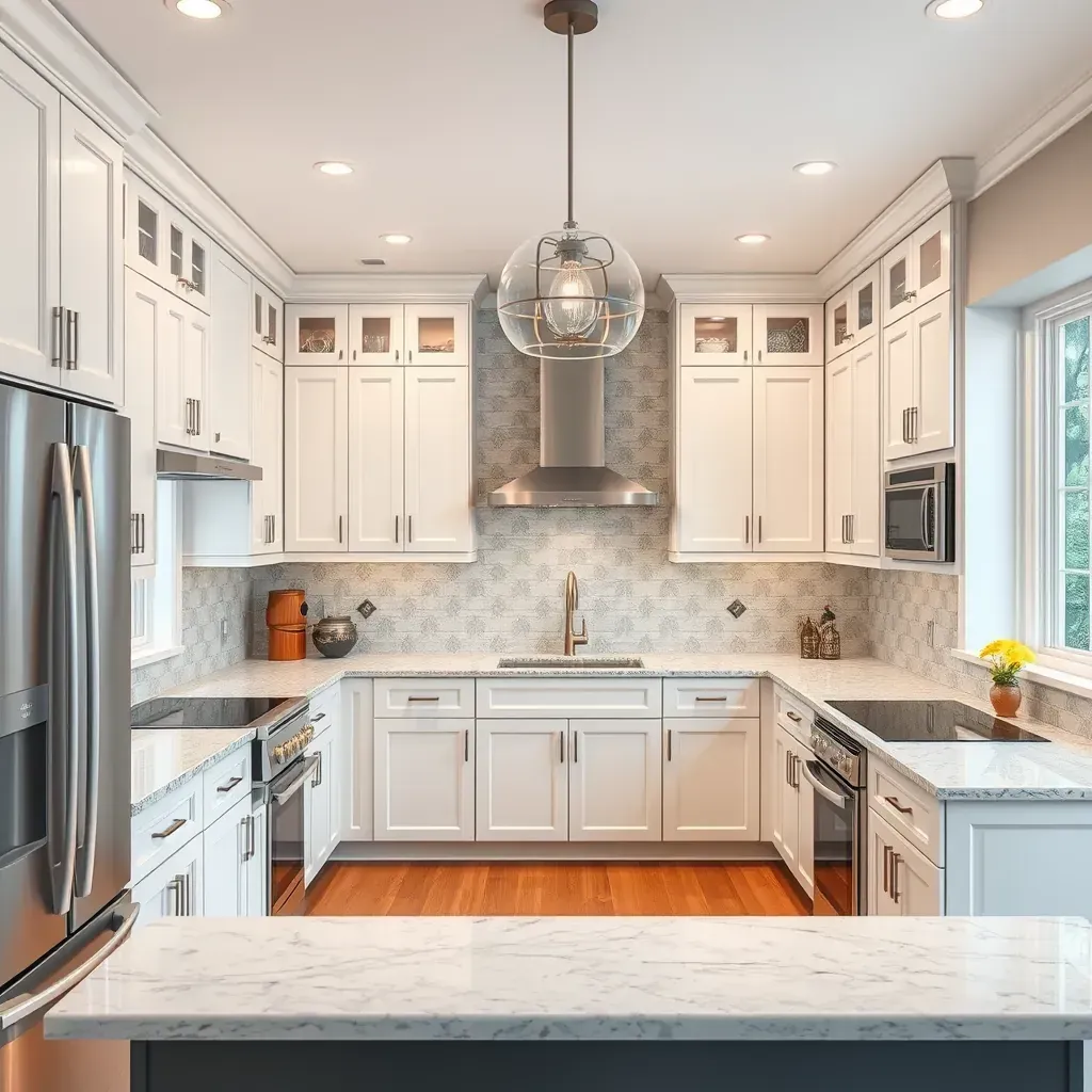 Pasadena, MD kitchen remodeling with modern cabinets, stone countertops, stylish lighting, and renovated backsplash.
