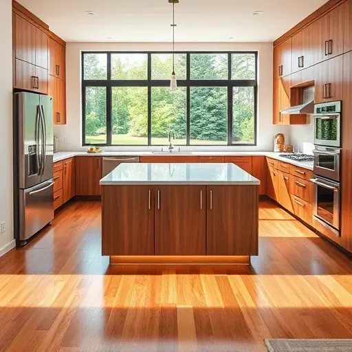 Renovated modern kitchen in Woodbine MD with quartz countertops stainless steel appliances custom wood cabinetry natural light hardwood floors marble island lush outdoor view