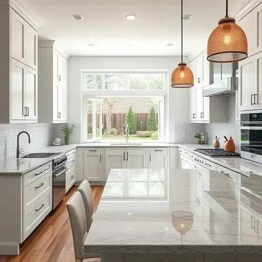 Remodeled kitchen in Pasadena MD features modern cabinetry, granite countertops, stainless steel appliances, and natural light.