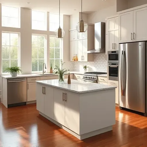 Modern remodeled kitchen in Gaithersburg MD with sleek cabinets stainless steel appliances granite island hardwood floors natural light and stylish decor