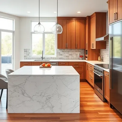 Remodeled Marriottsville kitchen with granite countertops stainless steel appliances custom wood cabinets island with pendant lights natural light hardwood floors and decorative accents