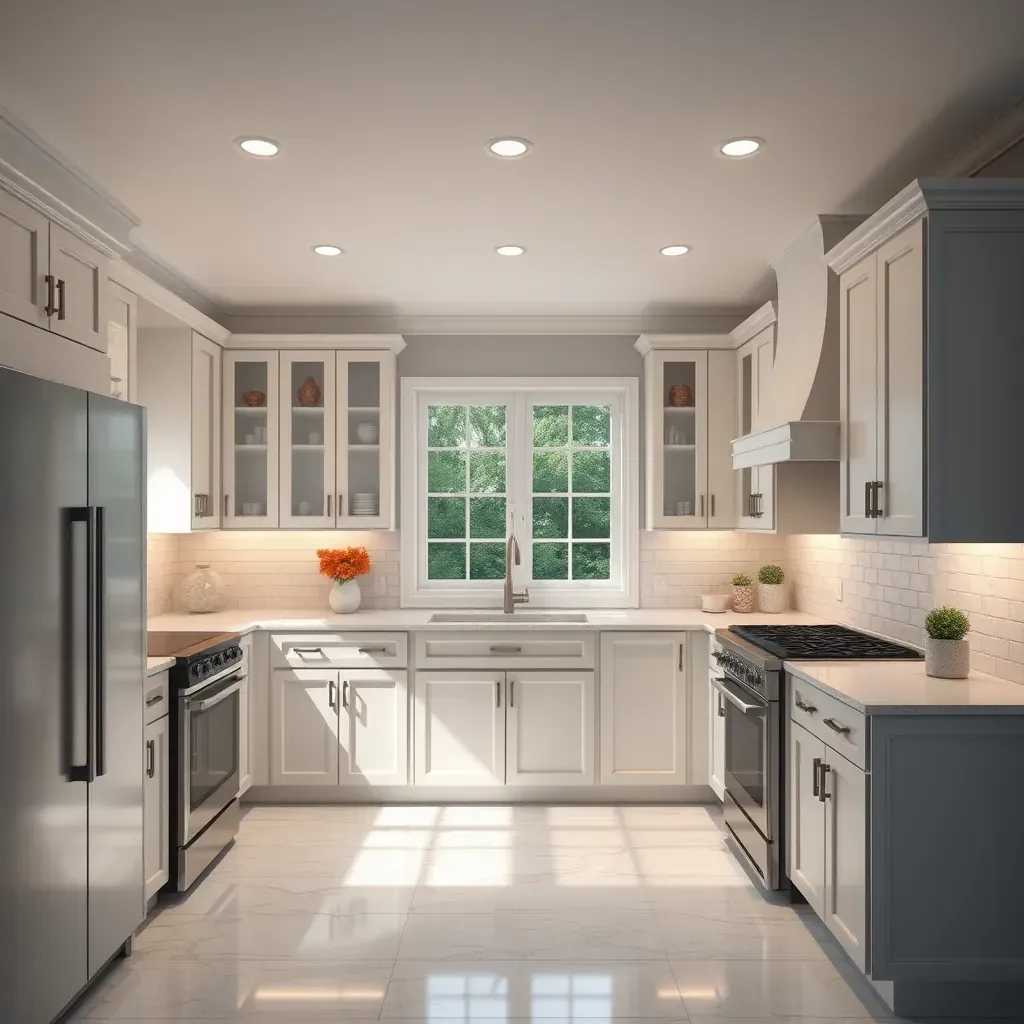Modern Bowie, MD kitchen with white quartz counters, navy cabinets, stainless appliances, island, pendant lighting, warm hardwood floors.