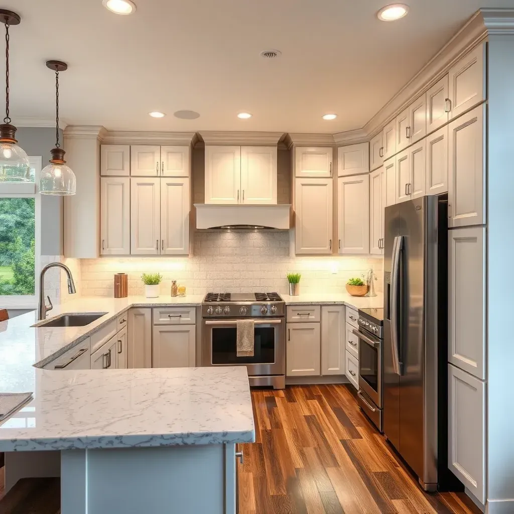 Beautiful modern renovated kitchen in Parkton, MD with gray cabinets, stainless steel appliances, white quartz counters, and hardwood floors.