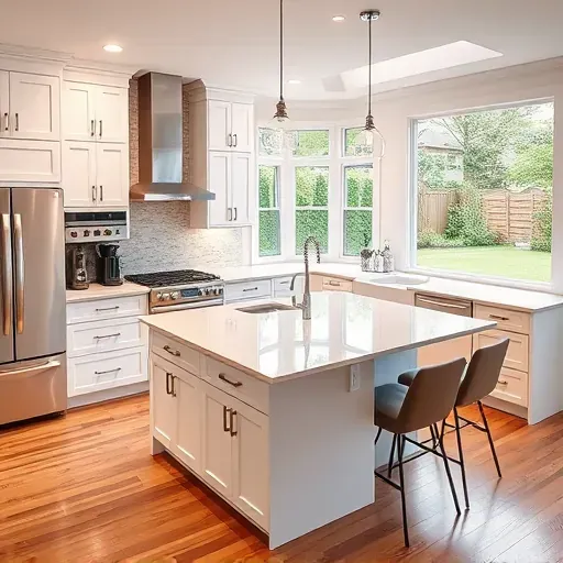 Remodeled Clarksville MD kitchen with white cabinetry, marble island, stainless appliances, hardwood floors, and natural light