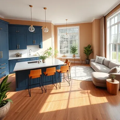 Modern kitchen and living space in Clarksburg MD with blue cabinetry, quartz island, and oak flooring for elegant comfort.