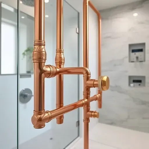 Seamless polished copper plumbing installation in a modern Pasadena bathroom with marble tiles and glass shower enclosure