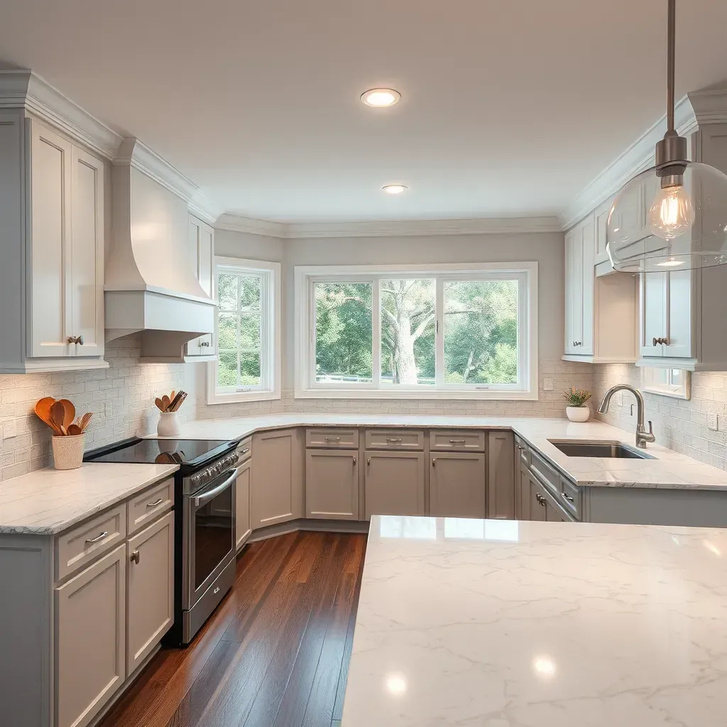 Modern Phoenix, MD kitchen with white quartz counters, warm wood cabinets, stainless appliances, and hardwood flooring.
